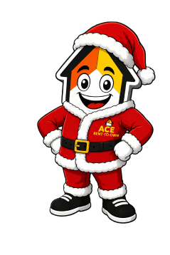 Ace Rent to Own mascot dressed as Santa